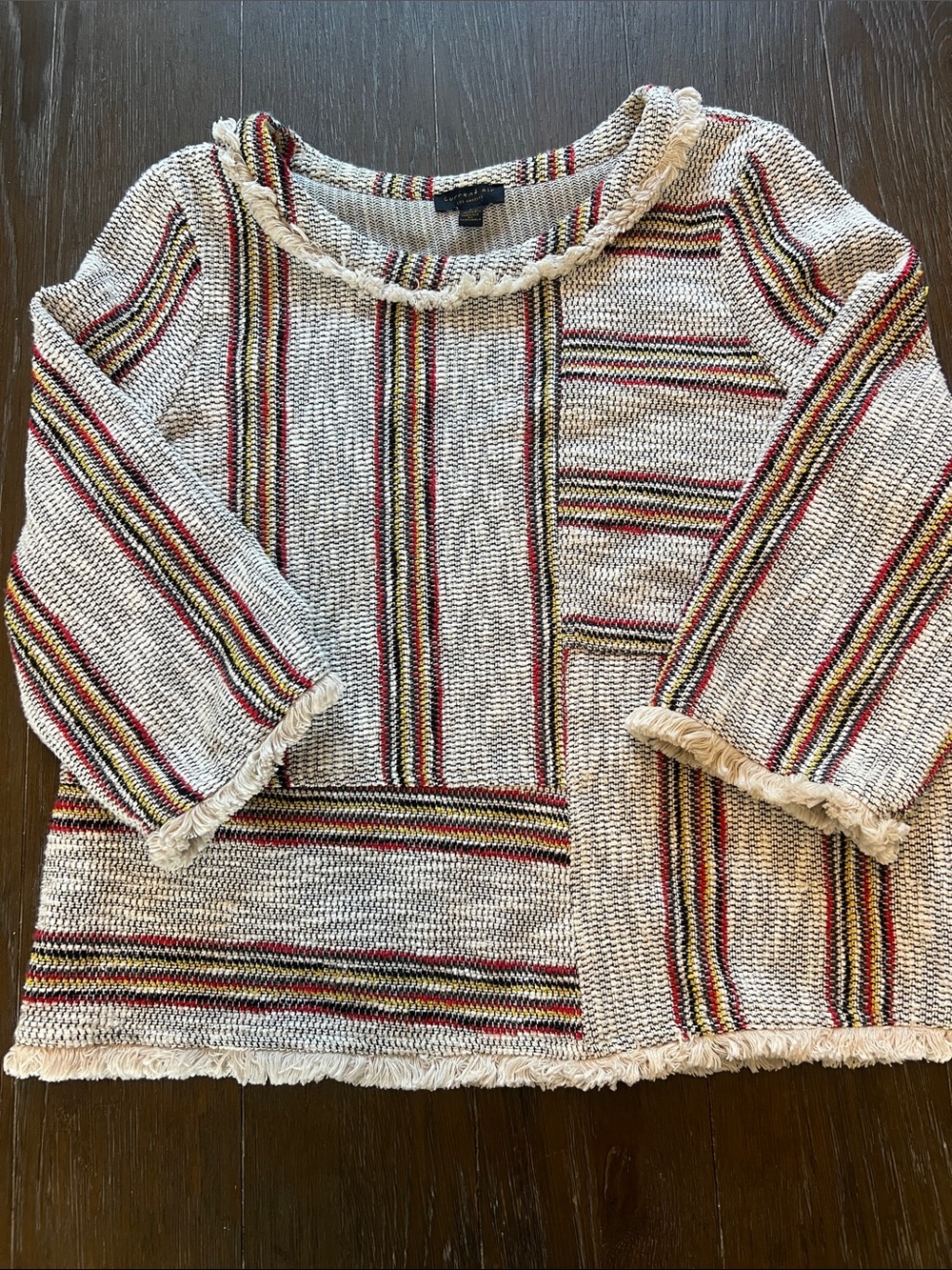 Anthropologie Current Air Cream Tweed Boho Top 3/4 Sleeve Stripes Fringe